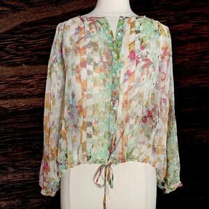 Elizabeth & James CottageCore 100% Silk BENJI Blouse Sz S $325 Long Sleeves Hilo